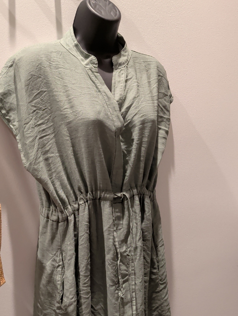 Sage Green Linen Drawstring Waist Dress